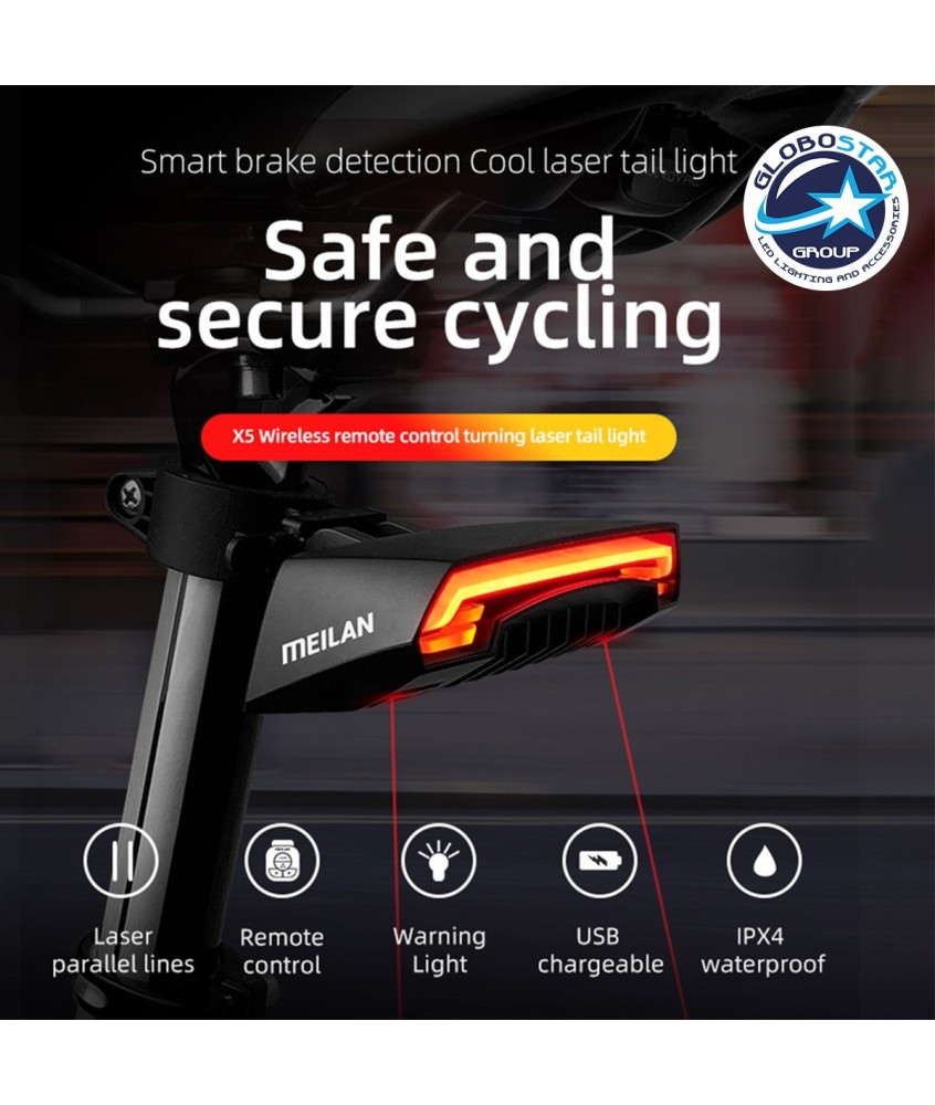 GloboStar® 86050 Ασύρματο Οπίσθιο Φανάρι Ποδηλάτου LED Επαναφορτιζόμενο USB Stop - Αριστερό Φλάς - Δεξί Φλάς με Ασύρματο Χειριστήριο Τιμονιού